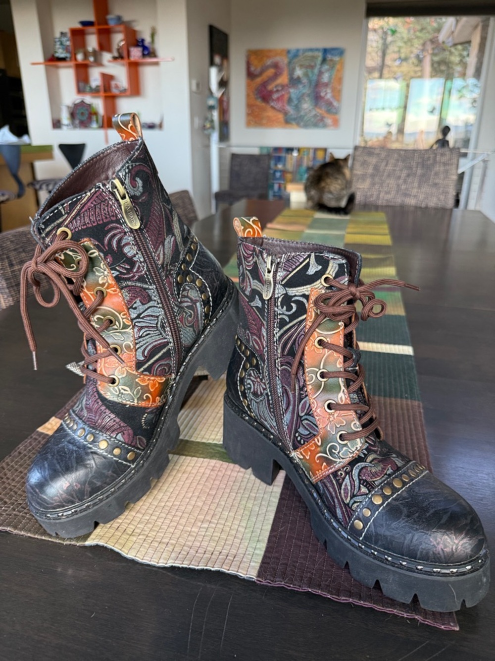 L’artiste Lace-Up Side-Zip Platform Boots - Black and Orange Size 39